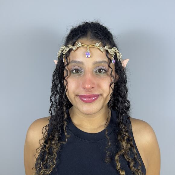 Gold Elf Fairy Tiara with Iridescent Gem & 4 Elf Ears Halloween Cosplay Princess - Picture 8 of 12